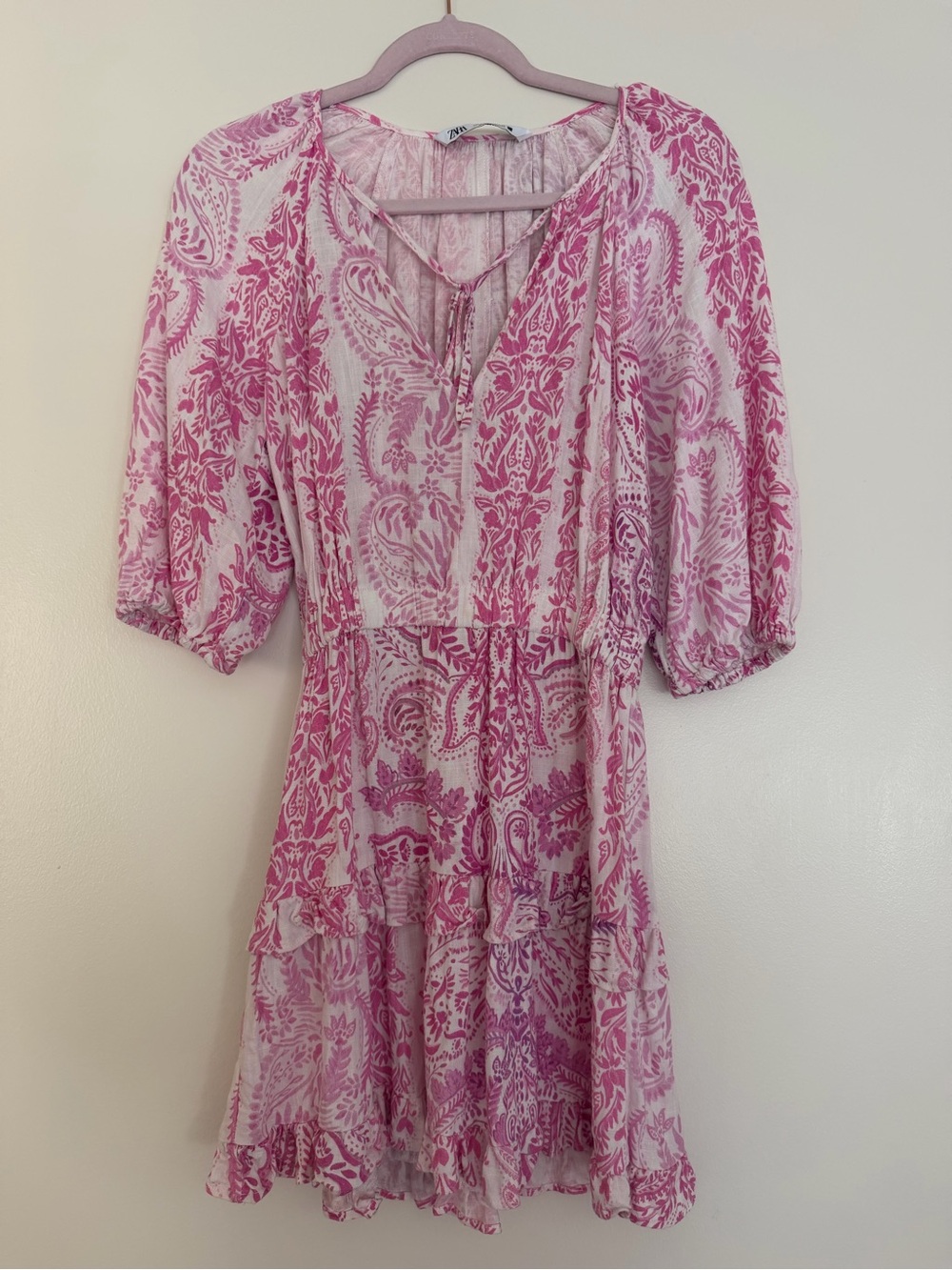 Zara Pink Paisley Tie-Neck Mini Dress